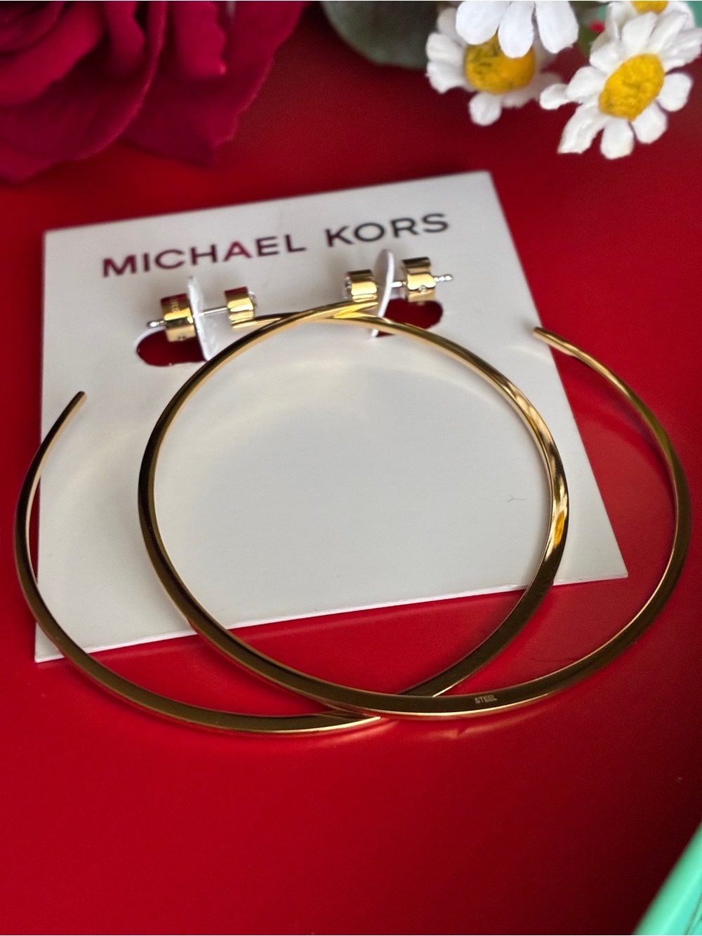 Michael Kors Shiny Gold Hoop Earrings with Crystal Stud - Picture 5 of 8